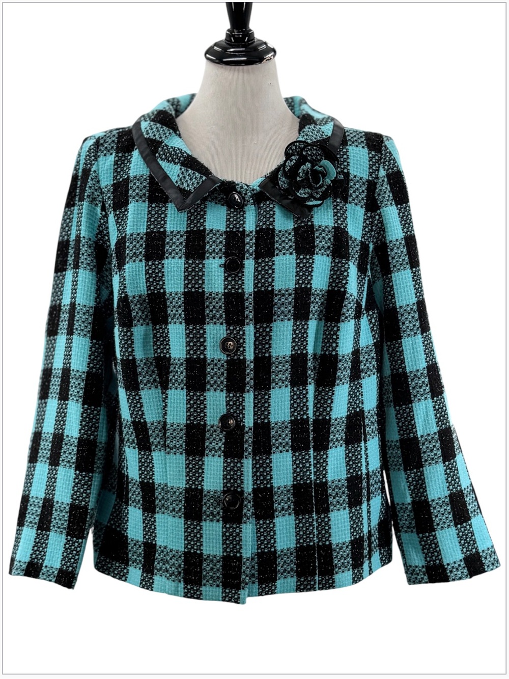 Jessica Howard Petite Size 18 Turquoise Black Plaid Bouclé Jacket Flower Brooch